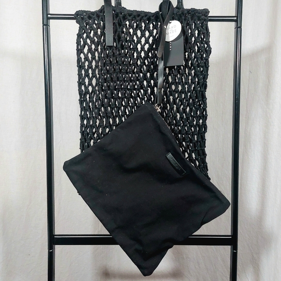 Zara black handmade fishnet shopping bag w zippered canvas pouch, NWT - Picture 2 of 9